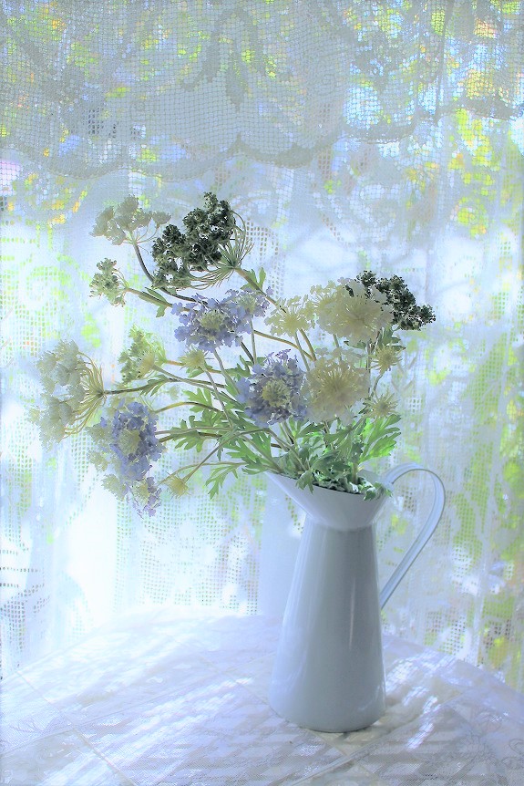 ブルーレース ブルー ホワイト とレースフラワーのナチュラルな花束 アートフラワーセット フランスアンティーク フレンチアンティーク スタイル イネスの部屋